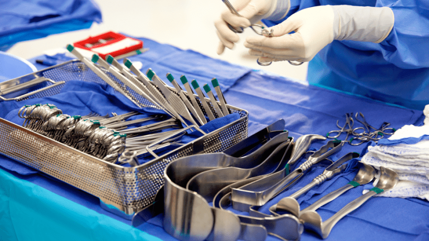 surgical tools on a tray