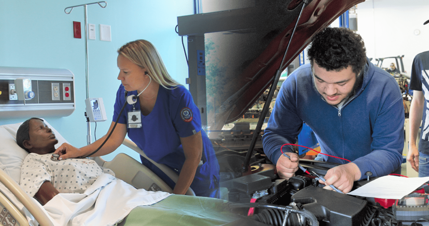 Photos of students in nursing skills lab and auto tech lab