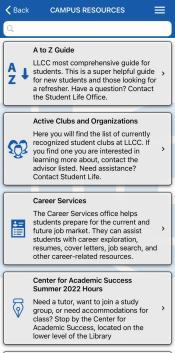 Shown here is an example of what the campus resources pages look like. The Campus Resources title brings you to popular documents that are often the most helpful for students to know. The documents shown in the example are the A to Z Guide, Active Clubs, and Organizations, Career Services, and Center for Academic Success Summer 2022 Hours.