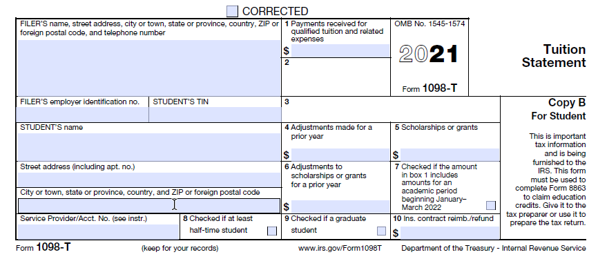 IRS 2021 FORM 1098-T. Box 1: Payments received for qualified tuition and related expenses (referred to as QTRE). Box 2: Due to an IRS change in reporting, LLCC no longer reports information in this box, therefore it will be blank. Box 3: Due to an IRS change in reporting, LLCC no longer reports information in this box, therefore it will be blank. Box 4: Contains billing adjustments in qualified tuition and related expenses that were made during the calendar year for a prior calendar year. Box 5: Contains th