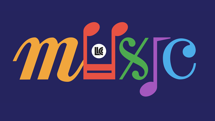 Musical symbols spell out the word "music."