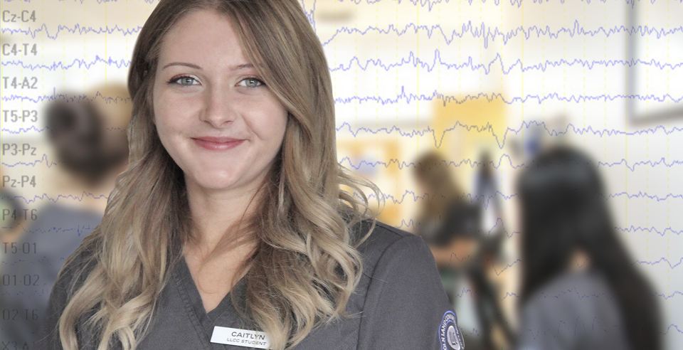 Caitlyn Tinsley in NDT uniform standing in front of background of brainwaves