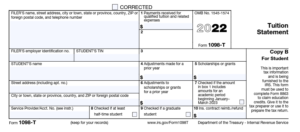 IRS 2022 1098-T Tuition Statement Tax Form: Includes Box 1: Payments received for qualified tuition and related expenses (referred to as QTRE). Boxes 2 & 3: Due to an IRS change in reporting, LLCC no longer reports information in this box, therefore it will be blank. Box 4: Contains billing adjustments in qualified tuition and related expenses that were made during the calendar year for a prior calendar year. Box 5: Contains the total amount of all scholarships/grants received during the calendar year.