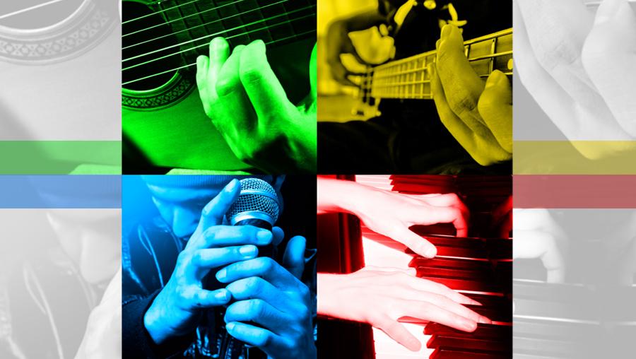Images of musicians playing guitar, bass and piano and singing
