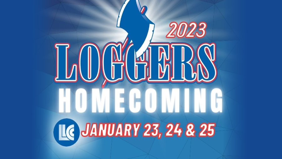 Text reads "2023 Loggers Homecoming, January 23, 24 & 25" across a blue background with a LLCC logo and an axe logo