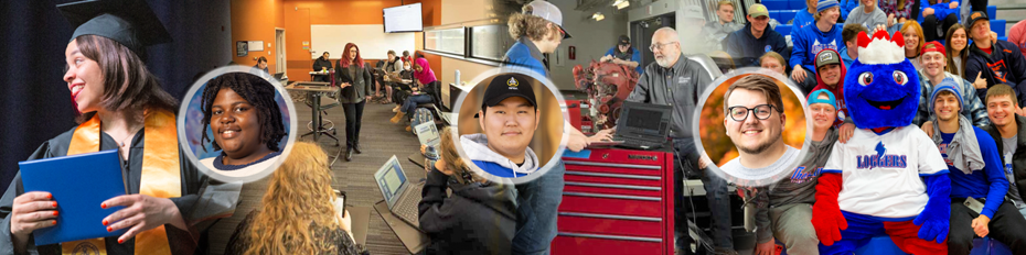 Collage of photos with graduate, students in active classroom, workforce students and students with mascot at sporting event. Over the top are three student faces.