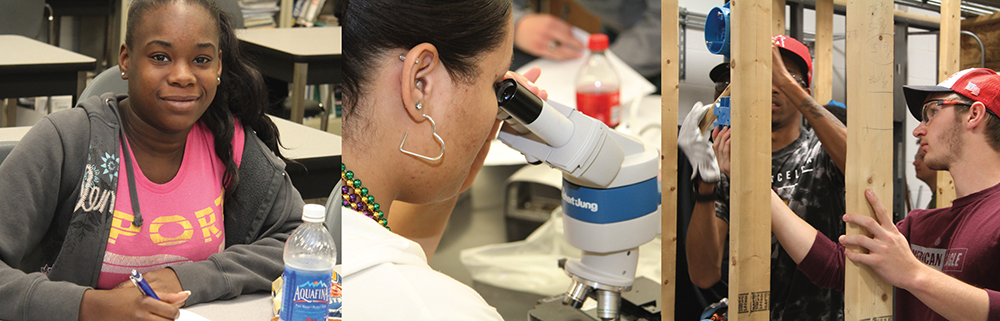 Students at desk, looking through microscope and framing for construction