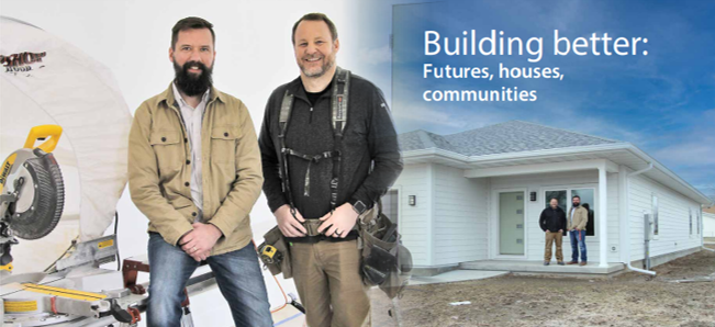 Building better: Futures, houses, communities. Chris Edmonds and Matt Blomquist standing together in front of house built by students