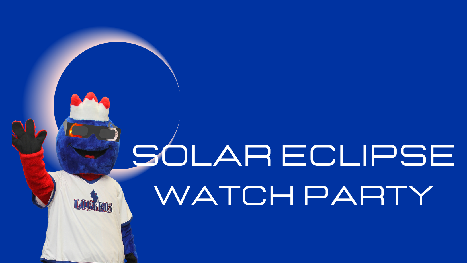 Blue graphic with an eclipsing sun. There is a college mascot standing in front. The mascot is red and blue in color. There is white text that reads "solar eclipse watch party" in white text.