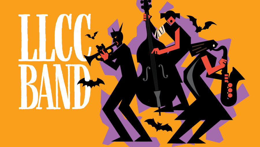 LLCC Band and graphic of spooky characters playing instruments