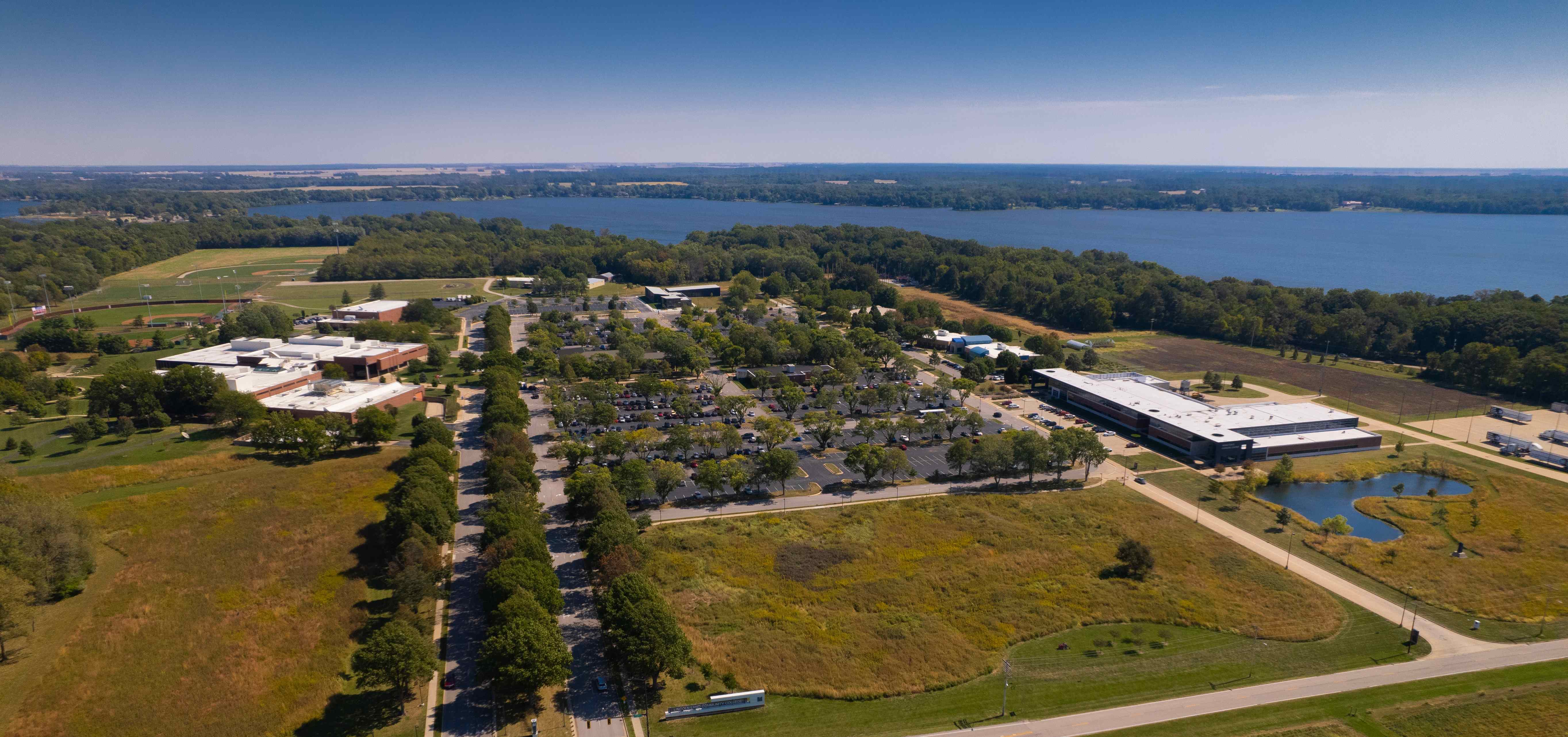 Aerial view of the LLCC campus alongside Lake Springfield