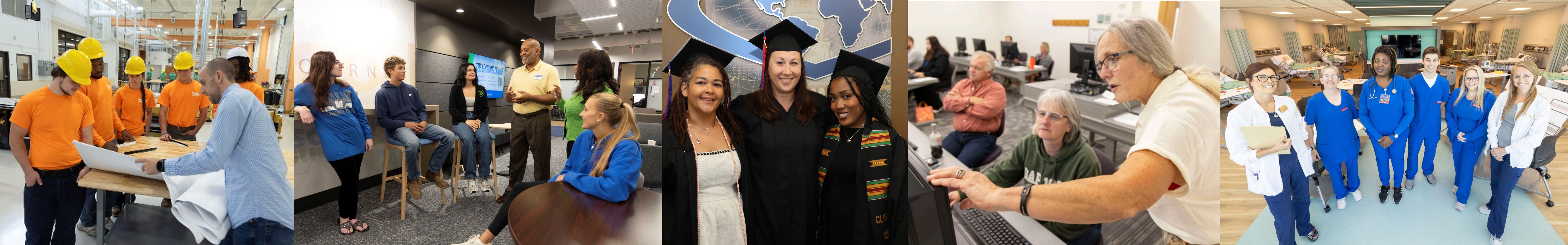 Five photos showing construction, advising, graduation, tech training and nursing