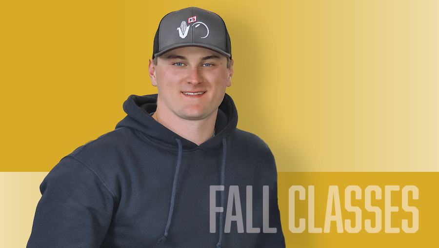 Headshot of a student in front of a single-colored background. The words "Fall Classes" are displayed.