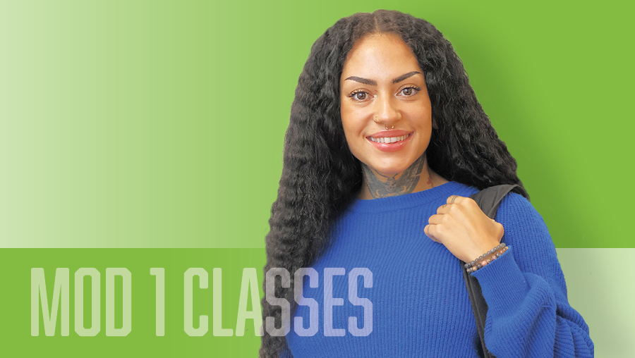 Headshot of a student in front of a single-colored background. The words "Mod 1 Classes" are displayed.