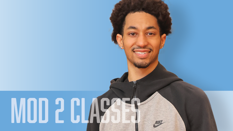 Headshot of a student in front of a single-colored background. The words "Mod 2 Classes" are displayed.