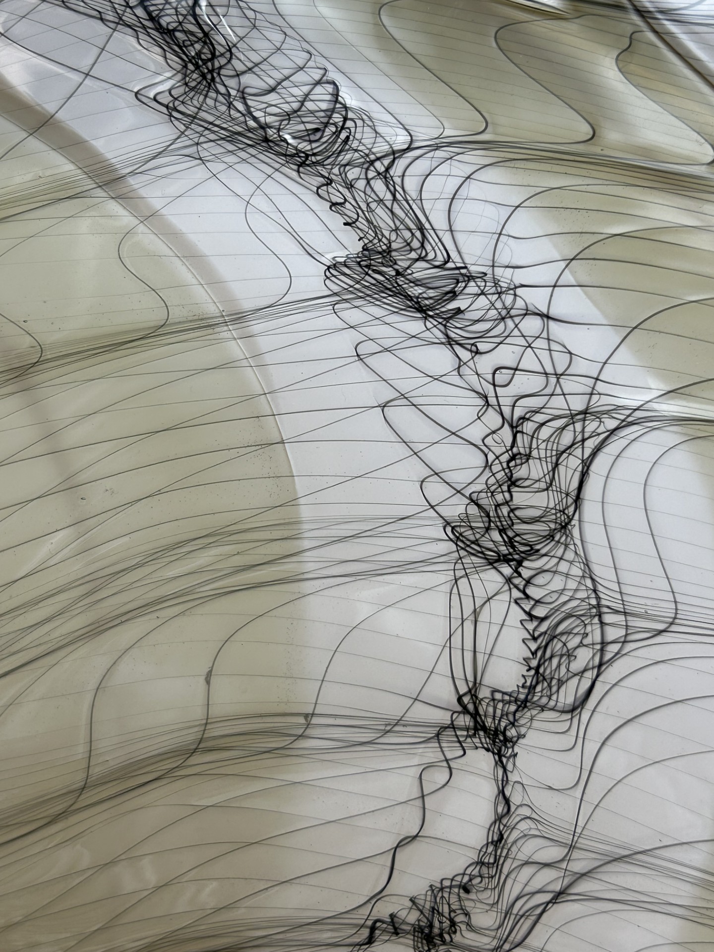 Glass art with black flowing lines that twist, intersect and diverge.