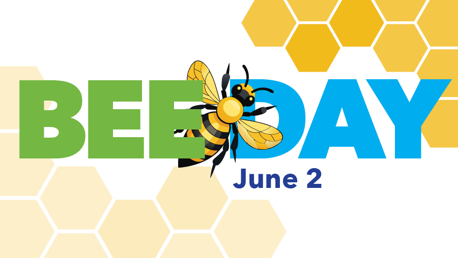 A honeybee and hive with the text Bee Day, June 2