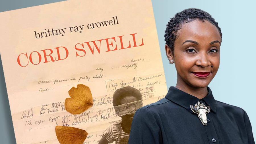 brittny ray crowell in front of a copy of her book Cord Swell