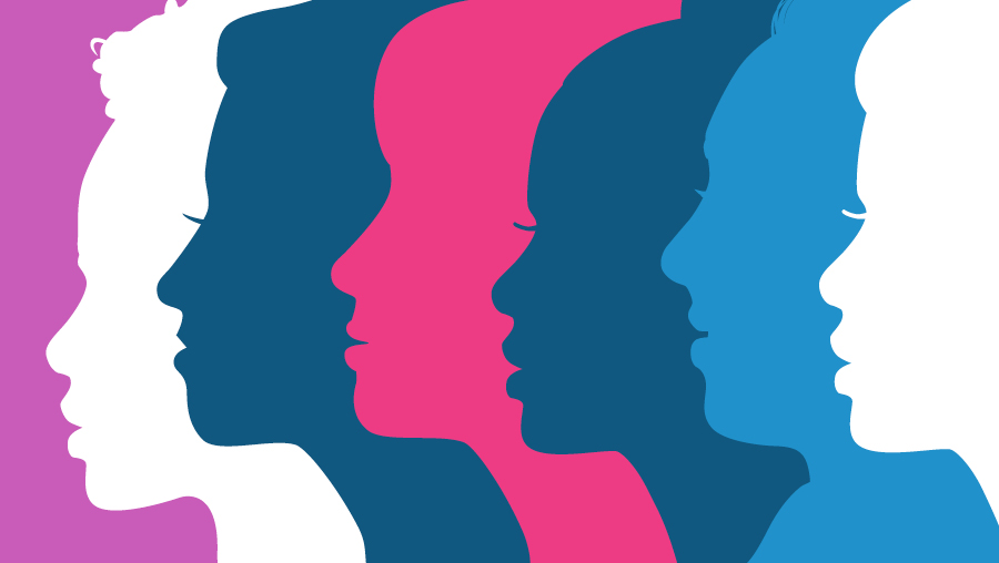 Outline of the profiles of five women's faces on a purple background. L to R, the colors are white, dark blue, pink, dark blue, light blue, and white.