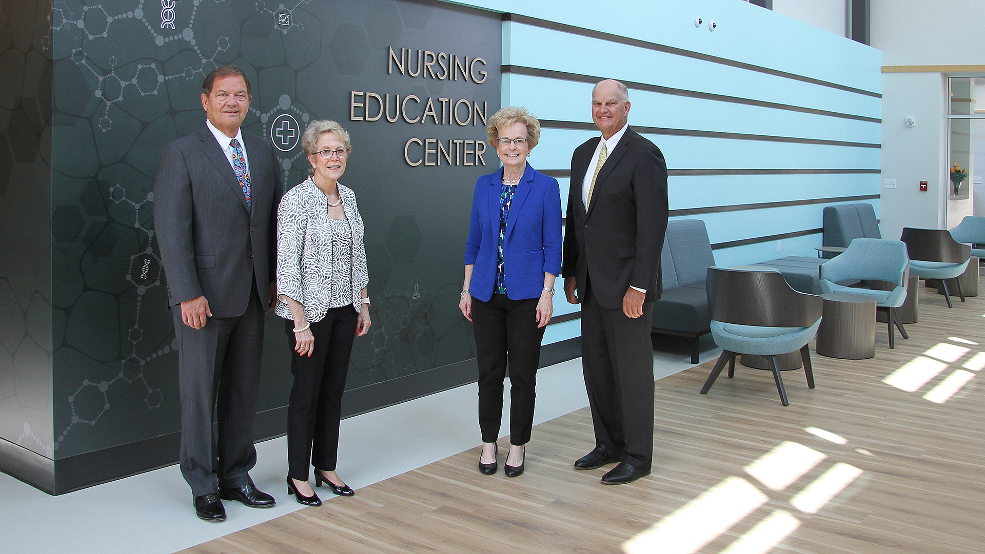 Ed Curtis, president and CEO, and Marsha Prater, senior vice president and chief nursing officer, Memorial Health System; Dr. Charlotte Warren, president, and Ken Elmore, chair, Board of Trustees, Lincoln Land Community College in the new LLCC Nursing Education Center, a partnership with Memorial Health System.