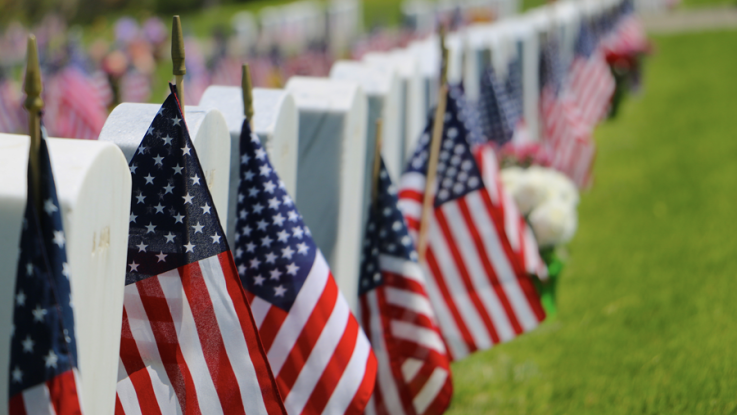 American flags next to military headstones