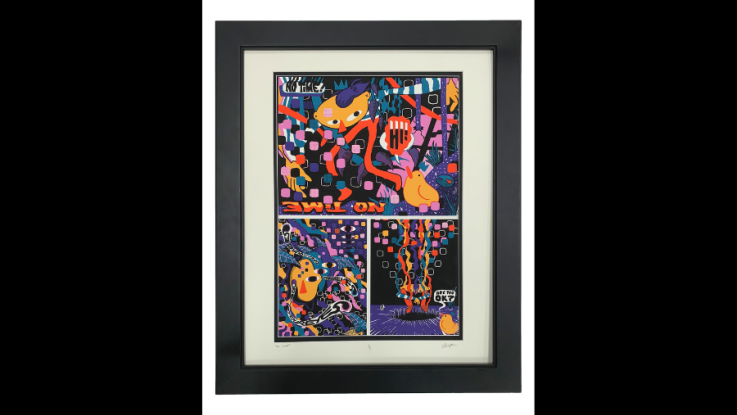 A framed art print depicting three colorful panels with abstract shapes and the words "no time!"
