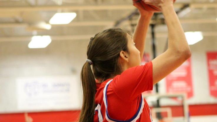 A women's basketball player prepares to shoot the ball. 
