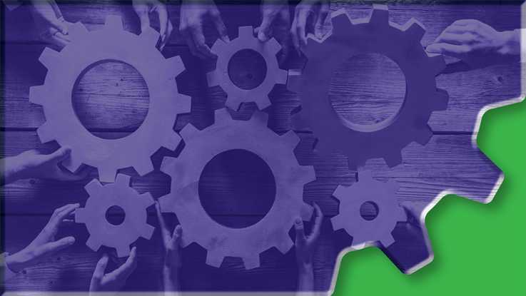 Green and blue image of mechanical wheels.