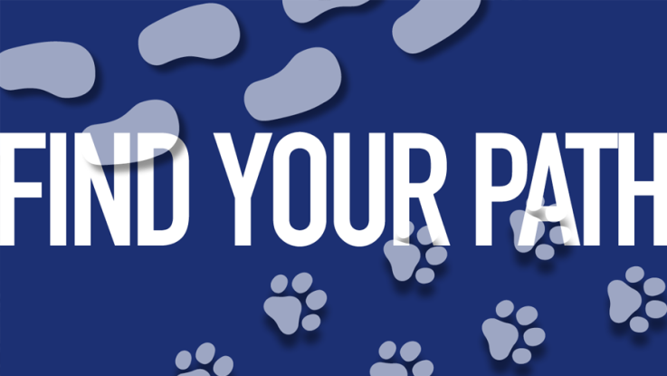 Large text reads, "FIND YOUR PATH." Behind the text moving diagonally across the graphic are shoeprints from LLCC's mascot Linc, and pawprints from LLCC's therapy and outreach dog, Ember. 