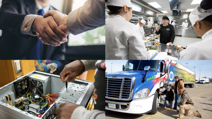 Photos of handshake, culinary, working on a computer and truck driving