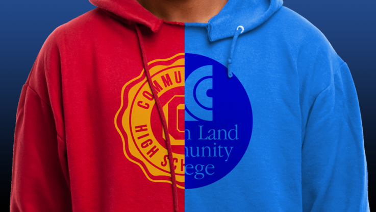 Sweatshirt that is half red with high school logo and half blue with LLCC logo