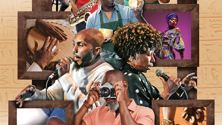 Photo collage of African-American history artists and photography. The graphic is of brown hue with some purple accents.