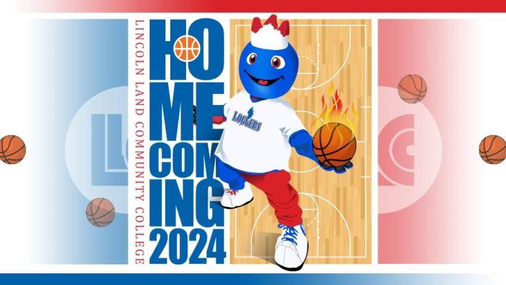 Red and blue graphic that reads "LLCC Homecoming" LLCC's mascot, Linc, who is plush, red and blue, is holding a basketball with flames coming off the top.