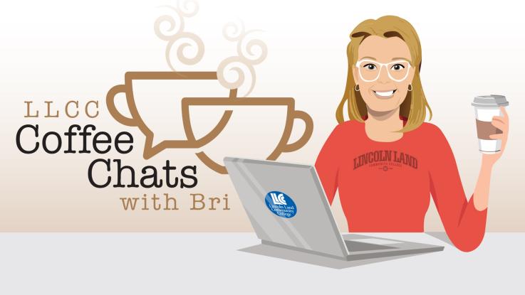 LLCC Coffee Chats with Bri. Bri sitting at LLCC laptop and holding a cup of coffee.