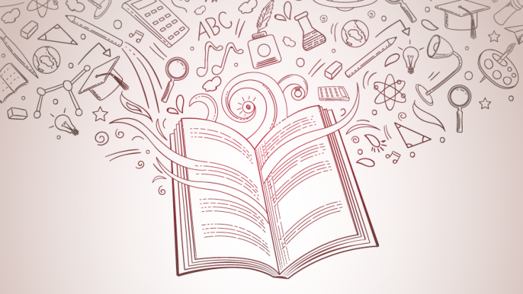 A sketched book with flowers coming out of it representing literacy