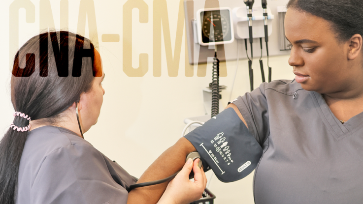 CNA to CMA Bridge program with two students taking blood pressure.