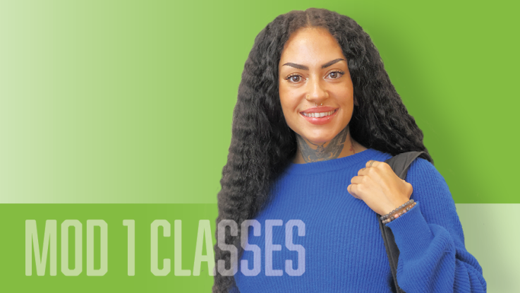 Headshot of a student in front of a single-colored background. The words "Mod 1 Classes" are displayed.