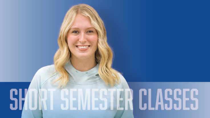 Headshot of a student in front of a single-colored background. The words "Short Semester Classes" are displayed.