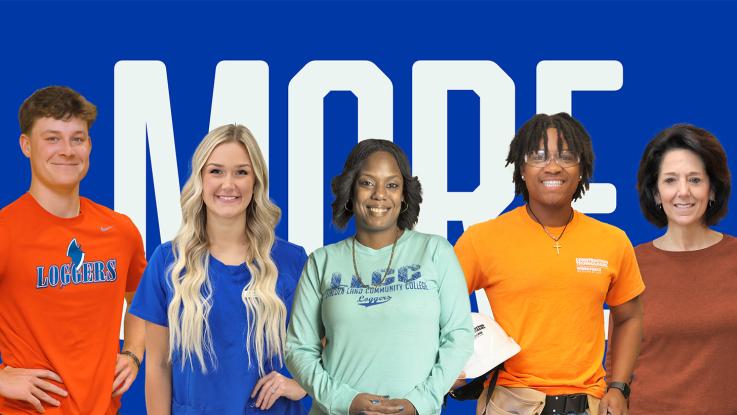 Five students standing in front of the word "MORE"