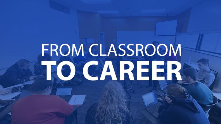 Students seated around a conference table using laptops in a classroom, with blue overlay text reading “FROM CLASSROOM TO CAREER.”