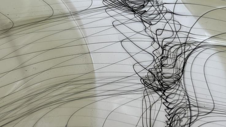 Glass art with black flowing lines that twist, intersect and diverge.