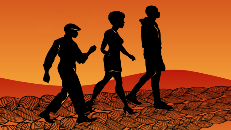 African American History Month image with 3 outlines of people walking on a braided path