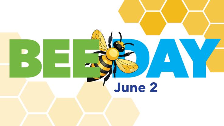 A honeybee and hive with the text Bee Day, June 2