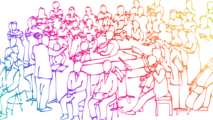 Rainbow line-art drawing of a conductor facing seated orchestra and large choir on risers.
