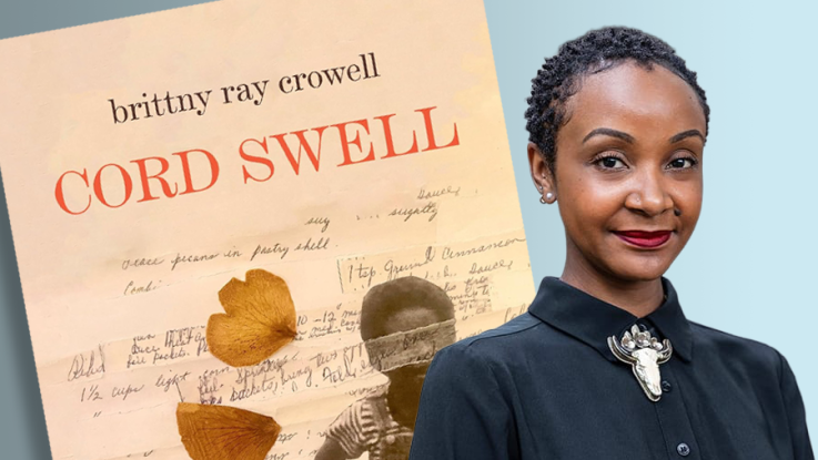 brittny ray crowell in front of a copy of her book Cord Swell