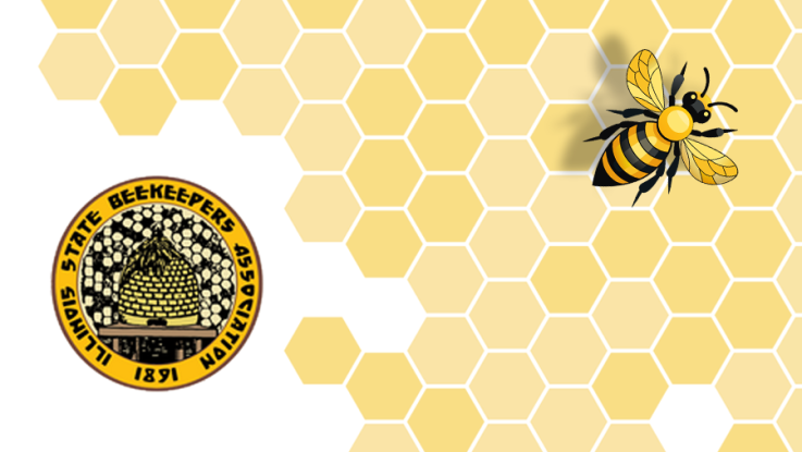 A hive with a bee and the logo for the Prairie State Beekeepers Association