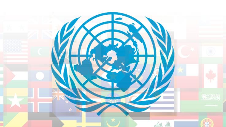 Model United Nations Logo on a background of international flags
