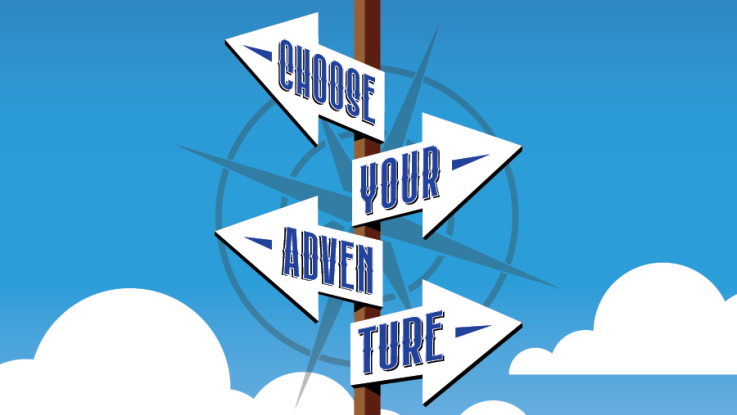 A sign with arrows pointing different ways saying "Choose Your Adventure"