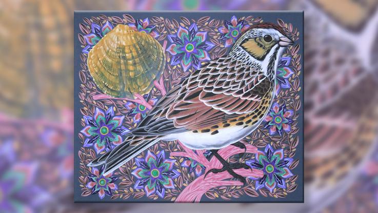 Painting of a bird and shell on a flowered background