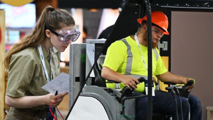 Two workers shown side-by-side: one in safety goggles reviewing a checklist, the other wearing a hard hat operating industrial machinery.